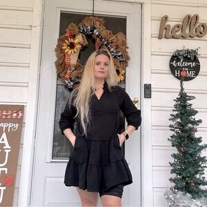 Cato Black Ruffle Textured Pocket Dress